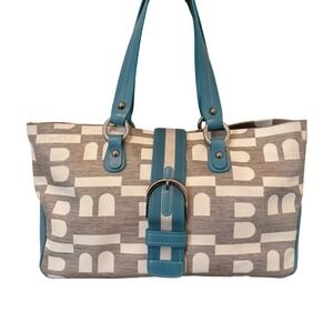 Bally Monogram Canvas Tote Bag Turquoise Leather Trim Tan Cream Buckle Italy